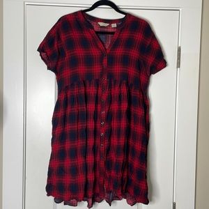 Anthropologie red and navy plaid button up mini dress